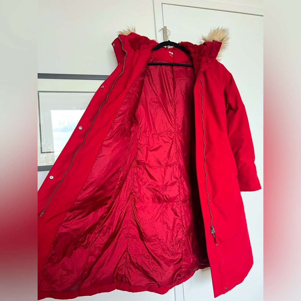 Uniqlo ultra warm long down coat RED (zippered hood) size 2/S